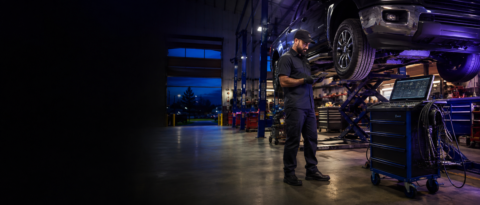 Technician using a tablet beside a vehicle and diagnostic equipment in a modern repair shop